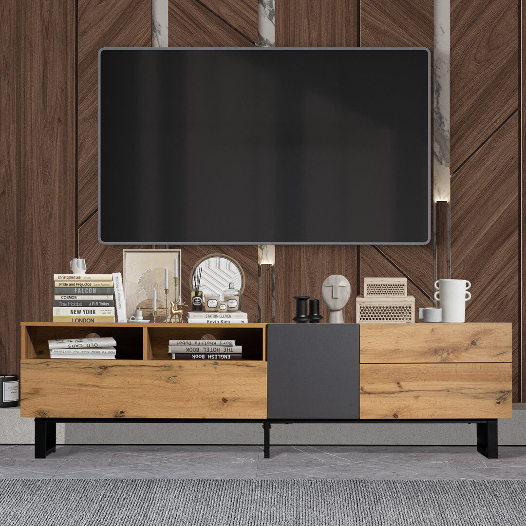 Metro High-Gloss Tv Stand For 75" Tvs - Led App Control, 2 Drawers, 2 Cabinets, Soft-Close Doors Natural Wood 58"