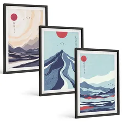 BILDER SET 3er Set - 40x60 cm Schwarzer Rahmen - Abstrakte japanische Berge