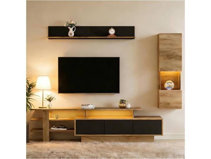 Meuble TV 3 pièces - LEMONBEST - Ensemble 180x40x45 + vitrine + étagère - LED intégrée - MDF - Noir & Naturel