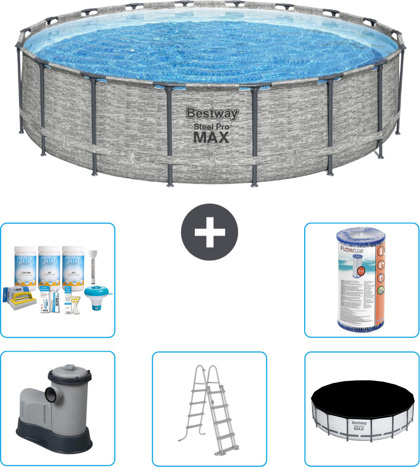 Bestway Round Steel Pro MAX Schwimmbad - Steindruck - 549 x 122 - inklusive Pumpe - Leiter - Abdeckung Wartungspaket - Filter