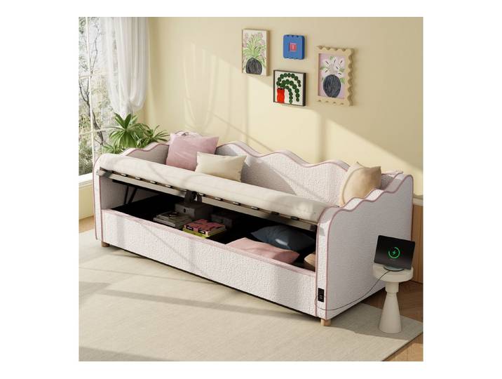 Flieks Schlafsofa, Hydraulisches Stauraumbett Polsterbett 90x200cm mit USB-Aufladen