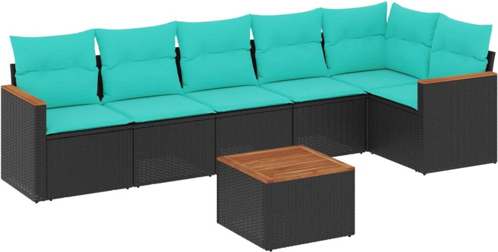 7-teiliges Gartensofa-Set mit Kissen, schwarzes Polyrattan