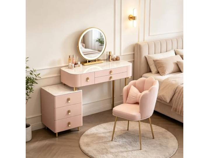 Locuetyn PU Leder Schminktisch mit Dimmbarem LED Touch-Spiegel, Wendbarem Beistellschrank & Blütensessel für Schlafzimmer Ankleidebereich