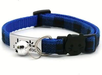 Inspired Living Personalized Plaid Breakaway Cat Collar With Bell And ID Tag blue