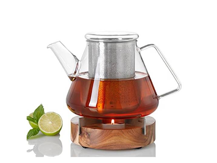 AdHoc Geschenkset Teekanne ORIENT+, Glas/Edelstahl mit Füllmenge 1,5l und Stövchen TUTO, Akazienholz/Edelstahl