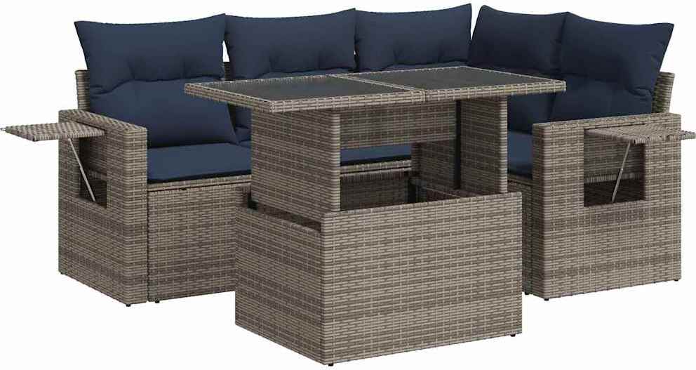 5tlg. Garten-Sofagarnitur mit Kissen Grau Poly Rattan Akazie