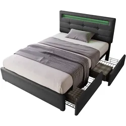 Polsterbett 90x200 mit LED-Beleuchtung, höhenverstellbarem Kopfteil, 2 Schubladen, inkl. Lattenrost, Stauraum & Fernbedienung Grau