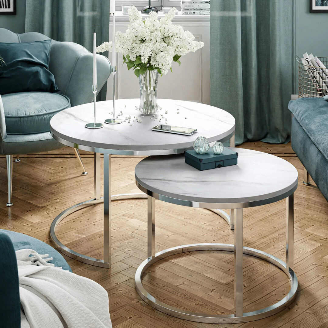 Ivy Bronx Adym Coffee Table 2In1 CIRI CHROME LEVANTO White marble 48cm H X 70cm W X 70cm D