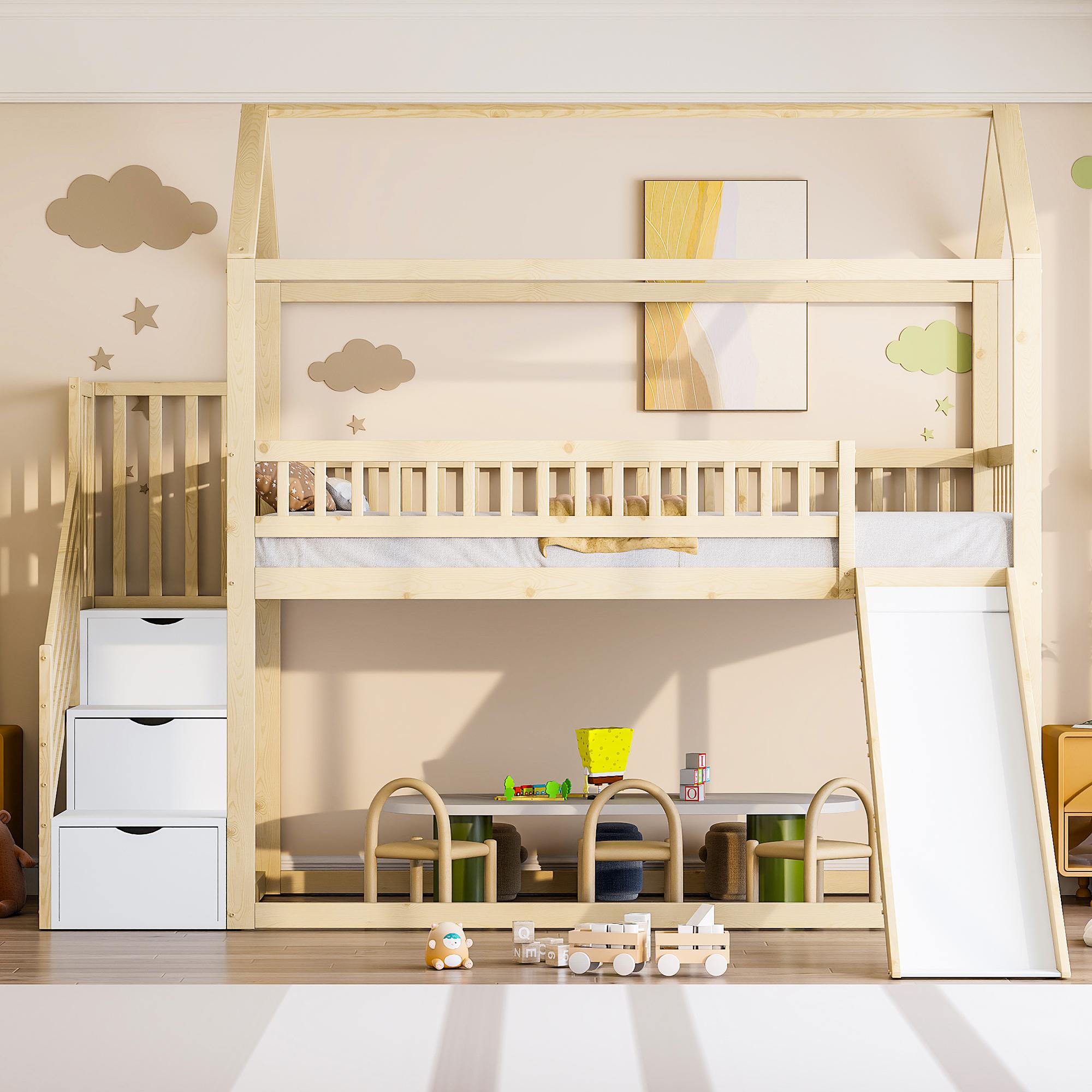 Merax Etagenbett Hochbett mit Rutsche 90x200cm, Kinderbett aus Massivholz mit Stauraumleiter, Hoher Schutzzaun, Spielbett für Kinderzimmer, Holz Weiß