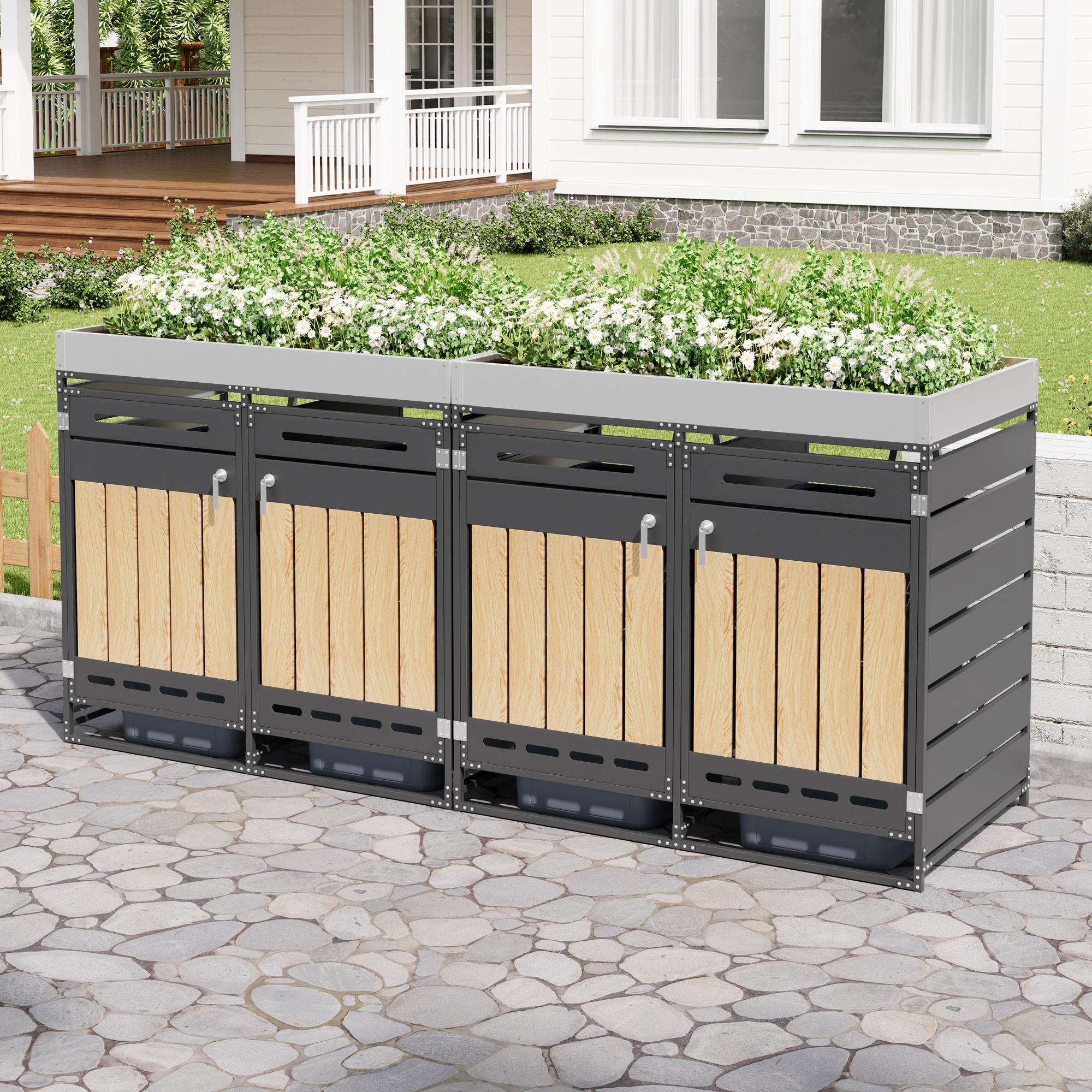 Merax Mülltonnenbox mit Pflanzkasten 2er, Metall Mülltonnenverkleidung mit Schloss, Belüftung & Holzoptik, Garten Müllbox wetterfest Schwarz