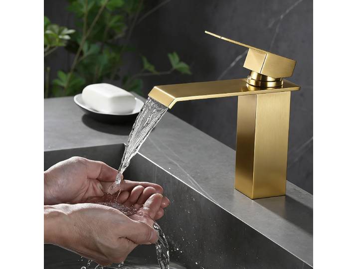 Robinet de lavabo moderne à bec cascade en acier inoxydable, mitigeur chaud/froid