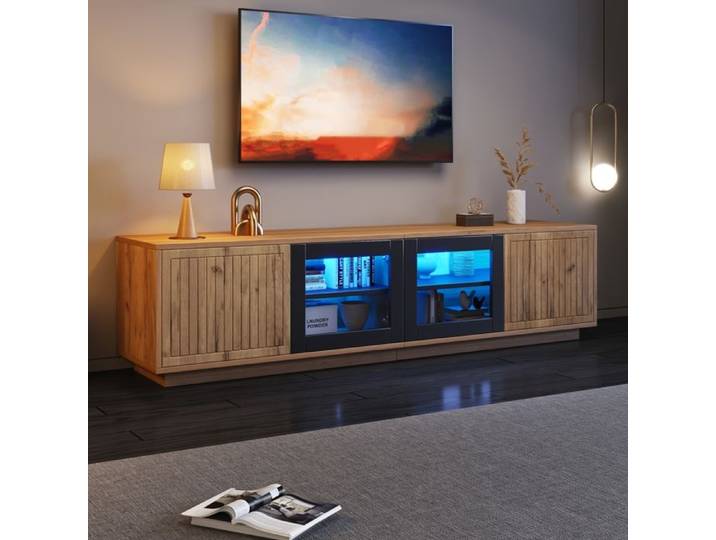 Meuble TV moderne - 180x40x45cm - 4 portes - Eclairage LED - Finition bois et noir