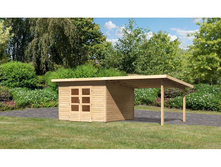 Woodfeeling Gartenhaus Northeim 3 im Set mit einem Anbaudach Breite 3 m naturbelassen; 77777