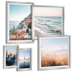 BILDER SET 5er Set - 50x50 cm & 20x30 cm & 40x60 cm Silberner Rahmen - Vögel im Flug, Himmel, Mond