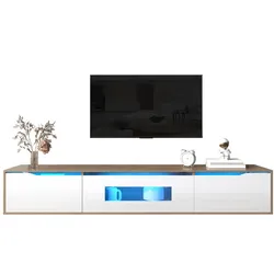 TV-Schrank 180x35x30 cm in Hochglanz Weiß mit Holzoptik und LED-Beleuchtung – Modernes Design mit 16-farbiger Beleuchtung und Wandmontageoptionen