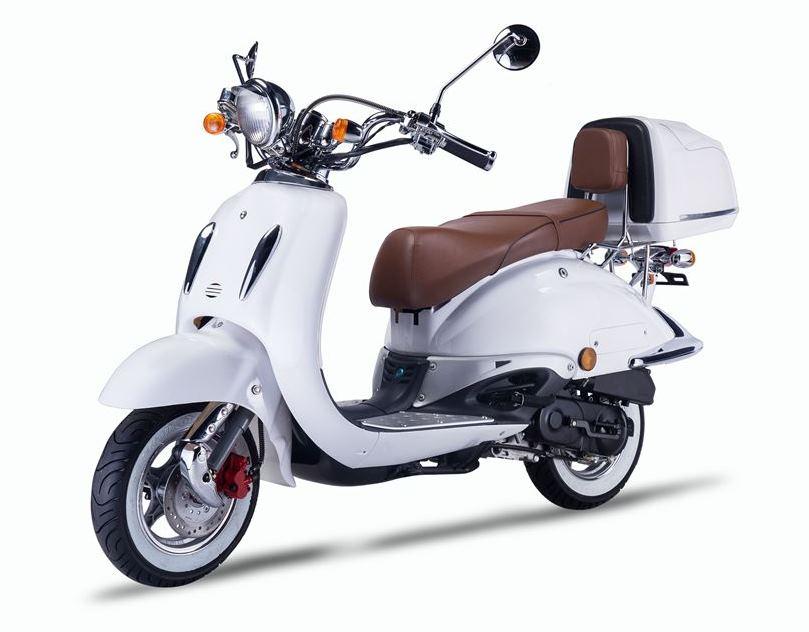Motorroller Strada mit Top Case 125 ccm 85 km/h, Euro 5, weiß, Sitzbank braun, GT Union