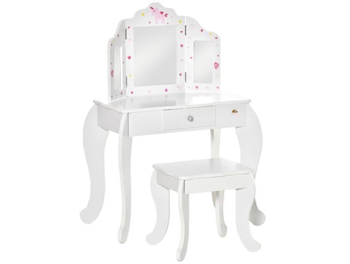 Table de maquillage pour enfants en bois Homcom avec miroir, tabouret et tiroir, rose
