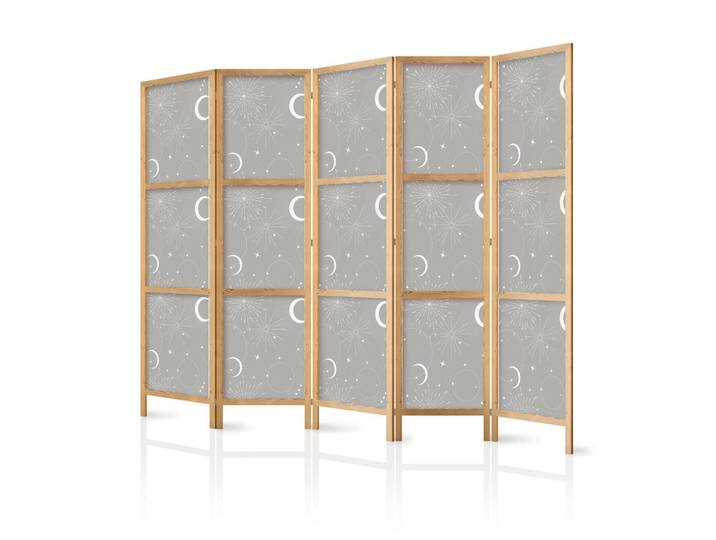 Muralo Paravent Japanischer 5-tlg 225x172 cm Monde Und Sterne, Grau, Holz, Pinie, Galaxis, Rechteckig, 225x172x3 cm, Wohnzimmer, Raumteiler, Paravents