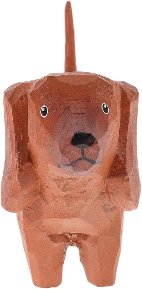 Houten beeldje hond figuur bruin - Handgesneden bureau decoratie - Hoogte: 12,5 cm