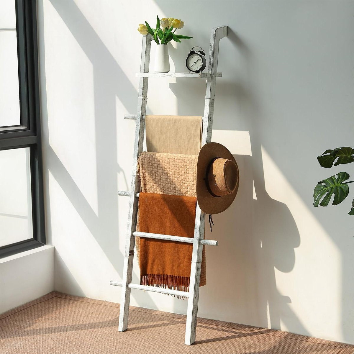 Wit Houten Dekenladder met Plank en Haken, Hoogte: 170 cm