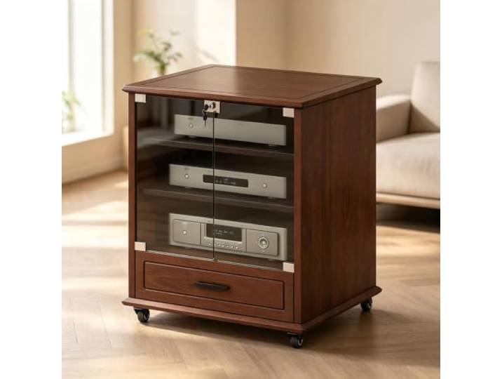 YHTCSXMD HiFi Rack mit Glastüren und Verstellbaren Ablagen Mobiles Audio-Rack mit Holzschublade, Kabelöffnungen und Rollen für AV-Geräte