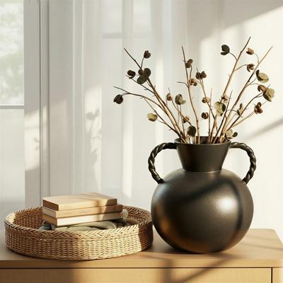 Storied Home Stoneware Vase with Twisted Handles and Reactive Glaze