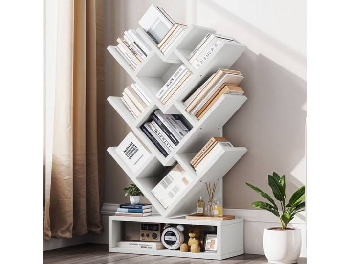 Balconera Bibliothèque Forme Arbre - Tiroir Bois Étagères Blanches Salon Maison Bureau