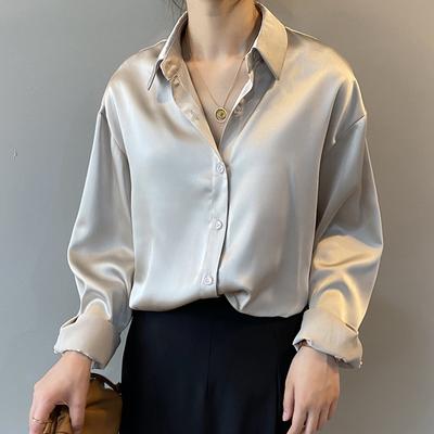 Multisell Products Hub Turn down Collar Ladies Blouse Autumn, Elegant Satin Loose Women Shirt Spring Vintage Casual Button Silk Tops apricot m