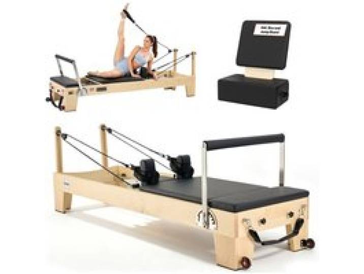 VEVOR Pilates Reformer Trainingsgerät aus Holz für den Einsatz im Heim-Fitnessstudio, Pilates-Bett mit doppeltem Widerstand – Feder & Kordel, Ausrüstung mit Sitzbox , bis zu 181,44 kg