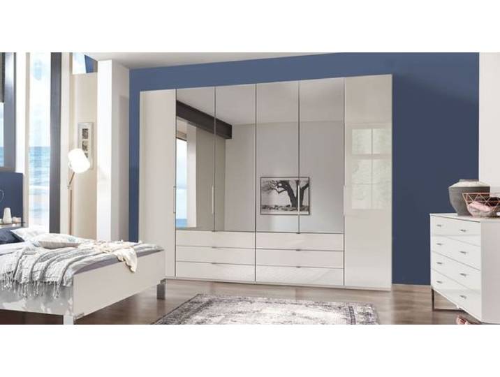 Falttüren-Kleiderschrank Elmira Eiche Dekor mit Schubladen, Spiegel und Glasfront H:236cm/B:300cm/T:58cm Sand modern