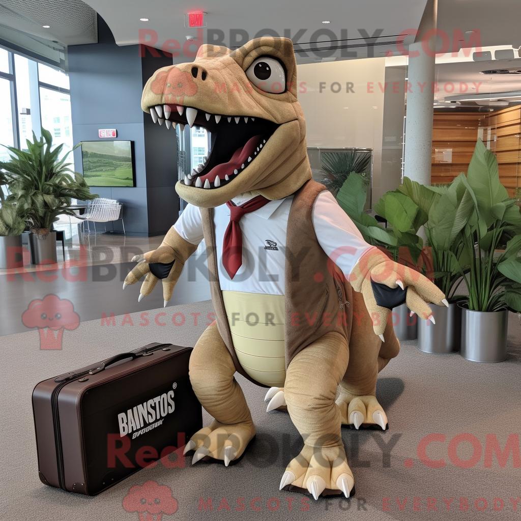 Maskottchen REDBROKOLY eines hellbraunen Spinosaurus mit Tanktop und Aktentasche