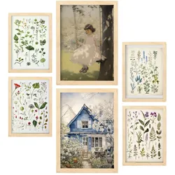 POSTER Set Mit 6 Hausblumen A3 & A4 Rahmen Aus Hellem Holz
