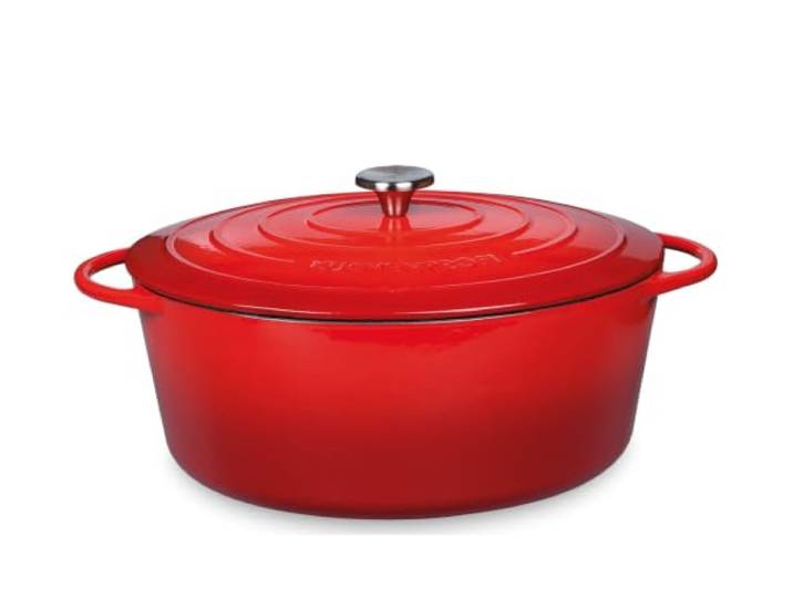 Küchenprofi Gusseisen Bräter mit Deckel, rot/innen schwarz, 33 cm, Schmortopf, Auflaufform, Dutch Oven, Brotbacktopf, emailliert, für alle Herdarten, zum Schmoren, Backen, Braten, 0402000433