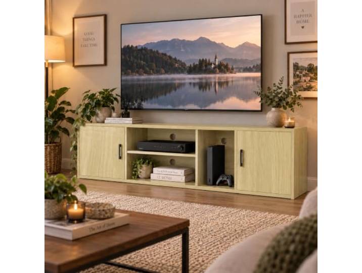 Cedario TV-Schrank 180 cm, Lowboard mit Stauraum und offenen Fächern TV-Board mit Türen, offenen Gerätefächern und Kabeldurchführung; 180 × 40 × 50 cm, freistehend