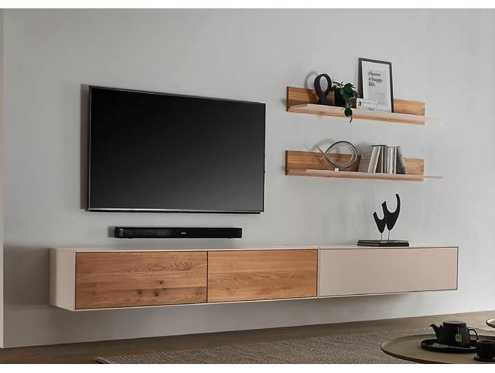 Wohnwand IV 320cm 'Locarno' Wildeiche massiv & MDF creme