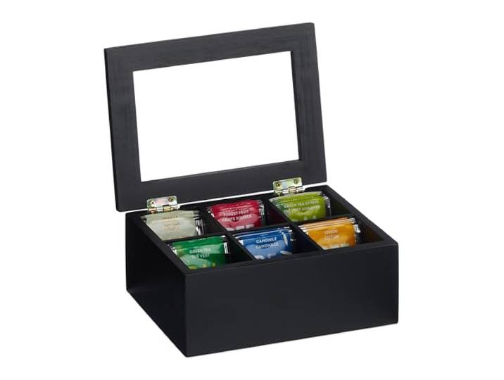 Relaxdays Boîte à thé\, 6 Cases\, Bambou\, Couvercle protégeant Le Contenu de la poussière\, HLP 9x21\,5x16 cm\, Noire