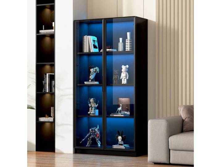 Vitrine en Verre avec éclairage LED APP Vitrine Haute sur Pied avec 2 Portes Bibliothèque Vitrine de Collection 80x40x160cm