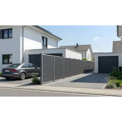 WPC Sichtschutzzaun Tür rechts mit Schlosskasten, Zylinder und verzinktem Gartentor Stahl Rahmen in schiefergrauer Holzstruktur in Größe 99 x 175 cm