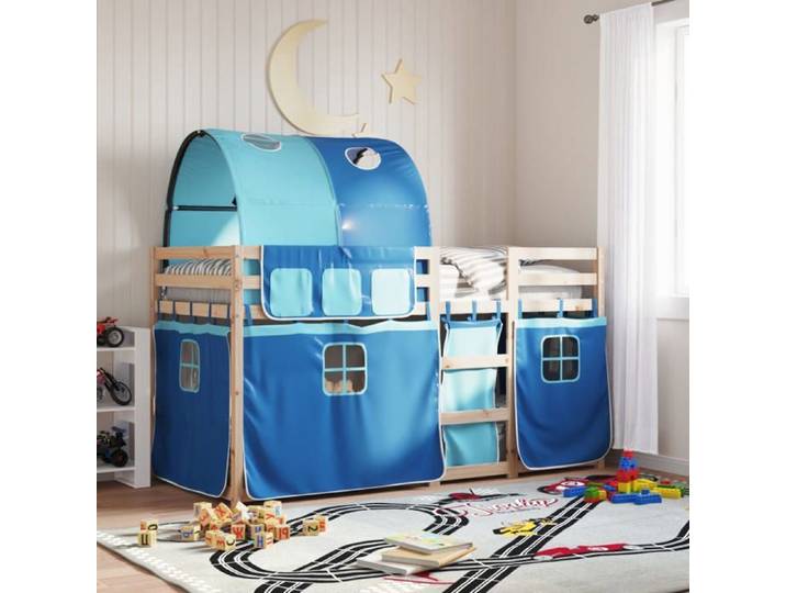 Lit superposé avec rideaux bleu 90x200 cm bois pin massif lit cadre de lit lit superposé bas meuble de chambre à 3284019