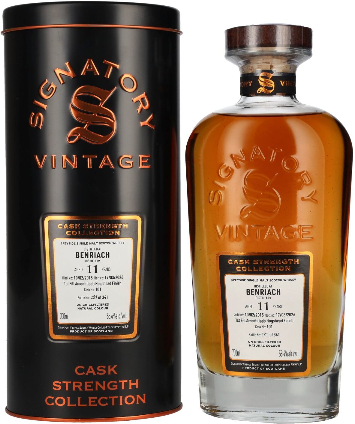 Signatory Vintage BENRIACH 11 Years Old 1st Fill Amontillado Cask Cask Strength #101 2015 58,4% Vol. 0,7l in Tinbox