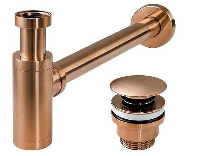 Rea Siphon Für Waschtische Mit Click-Clack-Stopfen Klik-Klak Brush Copper, klick-Klack, Praktisch + 33,5X7X21Cm