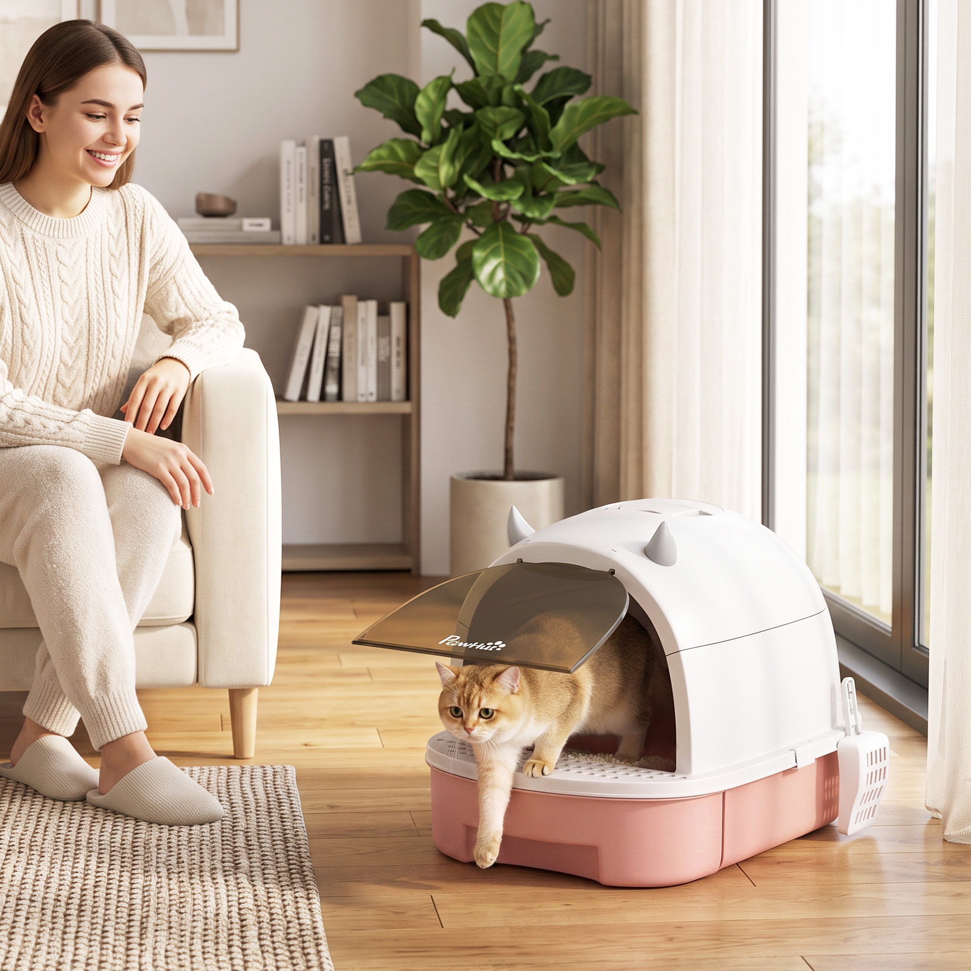 Pawhut Lettiera per Gatti Chiusa con Vassoio Estraibile, Paletta e Filtro ai Carboni Attivi, Rosa   Aosom Italy