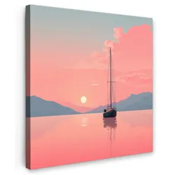 LEINWANDBILD Segelboot - Rosa Meer - Sonnenuntergang - Berge Wandbild Wohnzimmer 50x50 cm