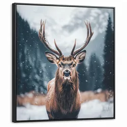 LEINWAND Bilder mit Rahmen - Hirsche - Tiere - Landschaft - Winter - Schnee - 90x90