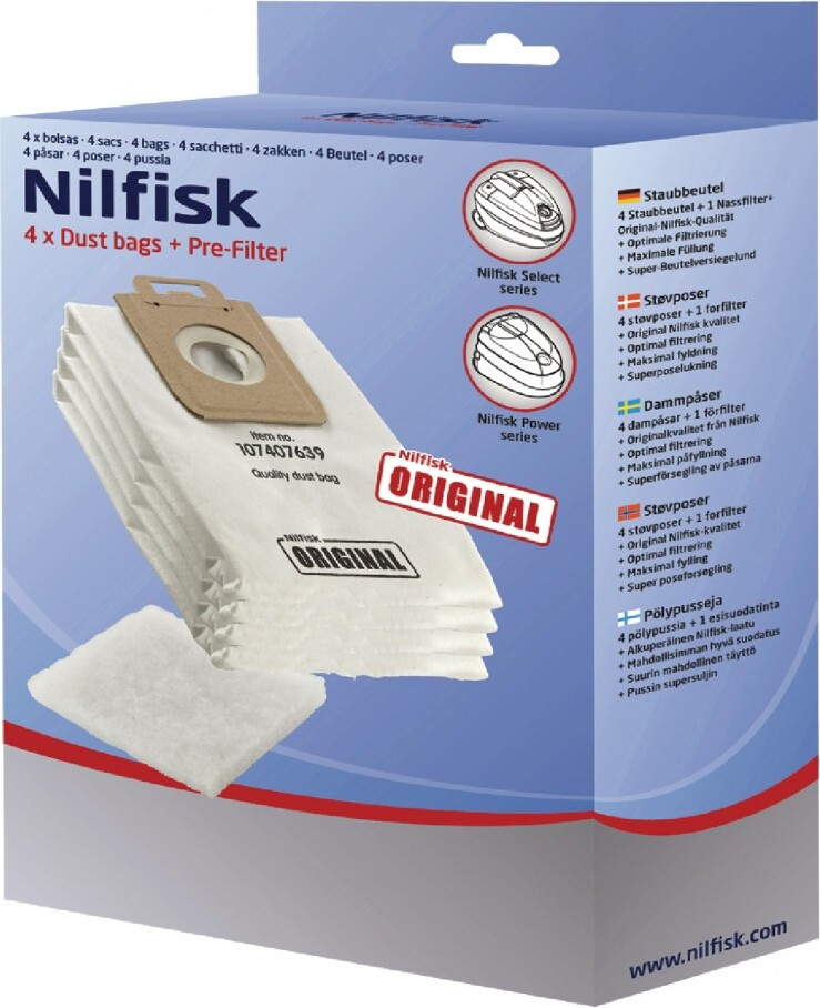 Nilfisk Power Series stofzuigzakken, Wit, 4 stuks