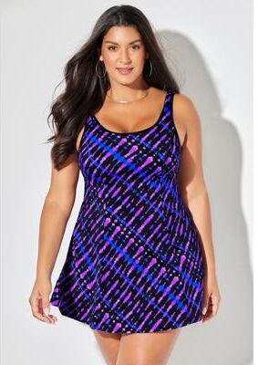 Plus Size Women's Tummy Control Princess Seam Swimdress by Swimsuits For All in Electric Purple Waves (Size 14)