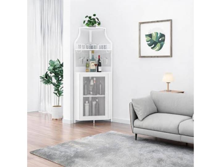 GarveeMore Eck-Bar- Und Weinschrank – Abnehmbares Weinregal Glashalter – Gittertür – 5-stöckig – Verstellbare Einlegeböden – Stauraum für Spirituosen & Gläser – Industrial-Look