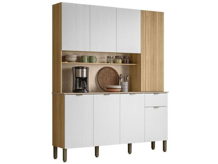 Buffet 8 Portes 1 Tiroir 18 Niches Chêne et Blanc Gaufré L 161 H 200 P 38.8 cm - L 161 x l 38.8 x H 200 cm