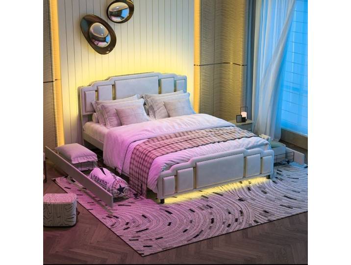 Luscriate - Lit rembourré 160x200 cm avec LED 4 tiroirs – Beige