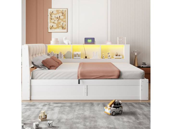 Lit 140x200 En Bois Blanc Daybed Moderne FloraGrace Pour Chambre Avec Rangement Hydraulique 209x165x83cm
